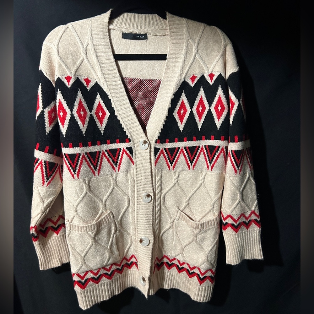 Stylish Beige and Red Oversized Cardigan Sweater NWOT
